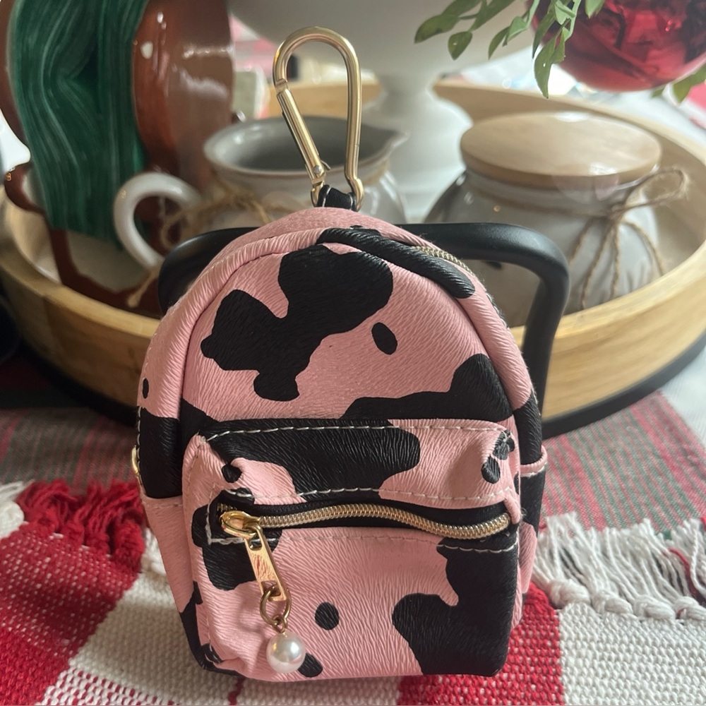Kids Mini Backpack Keychain Charm Pink Black Cow Print Pearl Accent